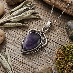 African Amethyst 25.00 ctw Pendant in Silvertone with Stainless Steel Necklace 20 Inches