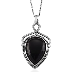 Black Obsidian 25.00 ctw Pendant in Silvertone with Stainless Steel Necklace 20 Inches