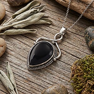 Black Obsidian 25.00 ctw Pendant in Silvertone with Stainless Steel Necklace 20 Inches