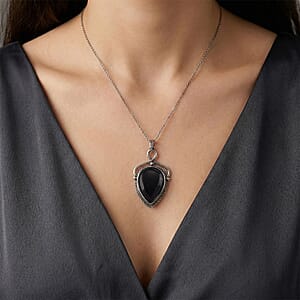 Black Obsidian 25.00 ctw Pendant in Silvertone with Stainless Steel Necklace 20 Inches