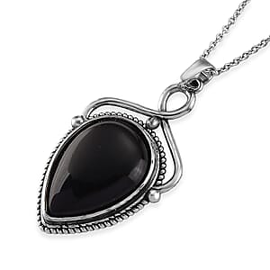 Black Obsidian 25.00 ctw Pendant in Silvertone with Stainless Steel Necklace 20 Inches
