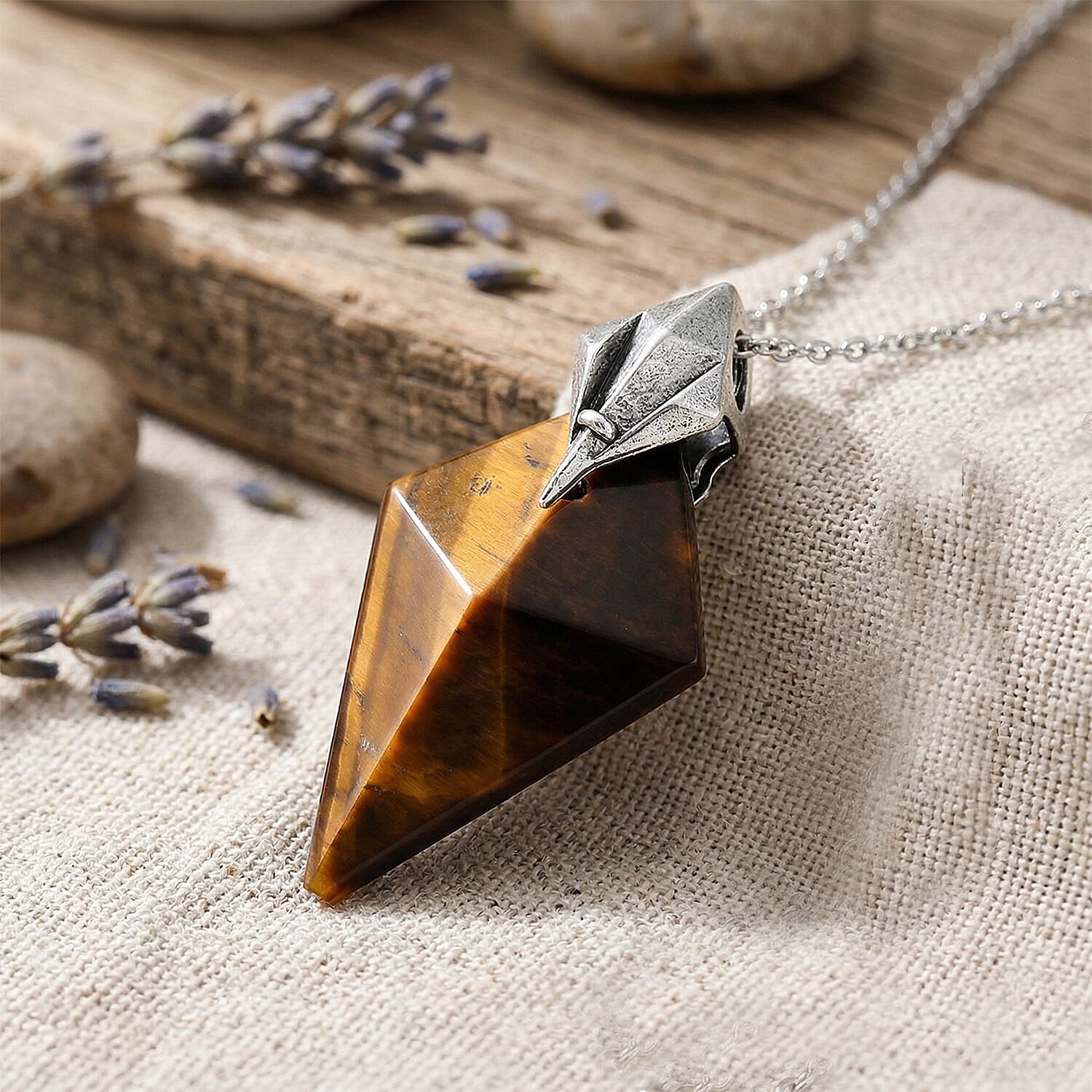 Yellow Tiger's Eye 28.00 ctw Pendant in Silvertone with Stainless Steel Necklace 20 Inches