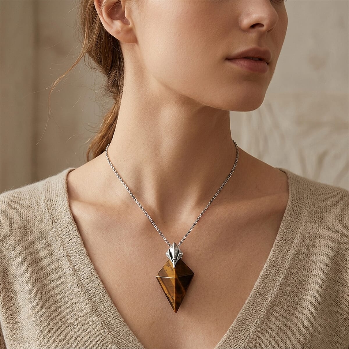 Yellow Tiger's Eye Pendant in Silvertone with Stainless Steel Necklace (20 Inches) image number 2