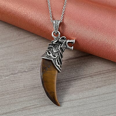 Yellow Tiger's Eye 28.00 ctw Pendant in Silvertone with Stainless Steel Necklace 20 Inches