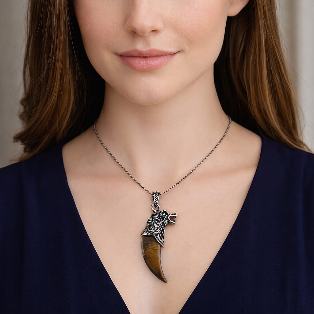 Yellow Tiger's Eye Pendant in Silvertone with Stainless Steel Necklace (20 Inches) 28.00 ctw