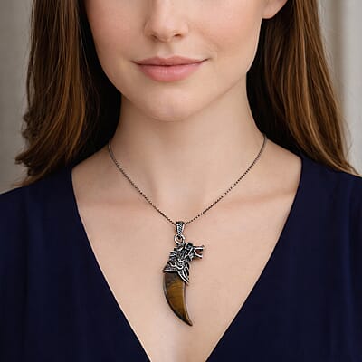 Yellow Tiger's Eye 28.00 ctw Pendant in Silvertone with Stainless Steel Necklace 20 Inches