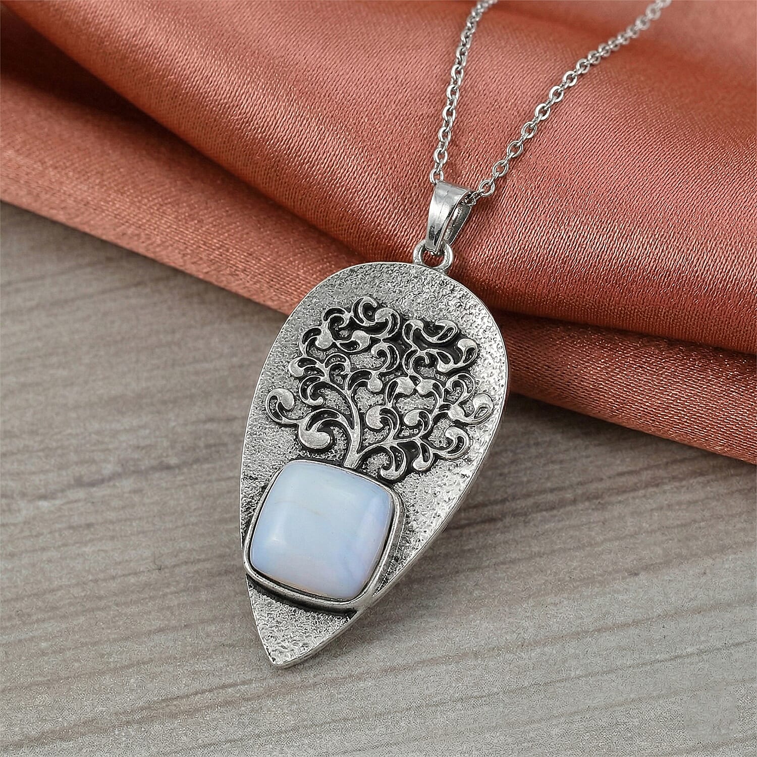 Opalite 15.00 ctw Pendant in Silvertone with Stainless Steel Necklace 20 Inches