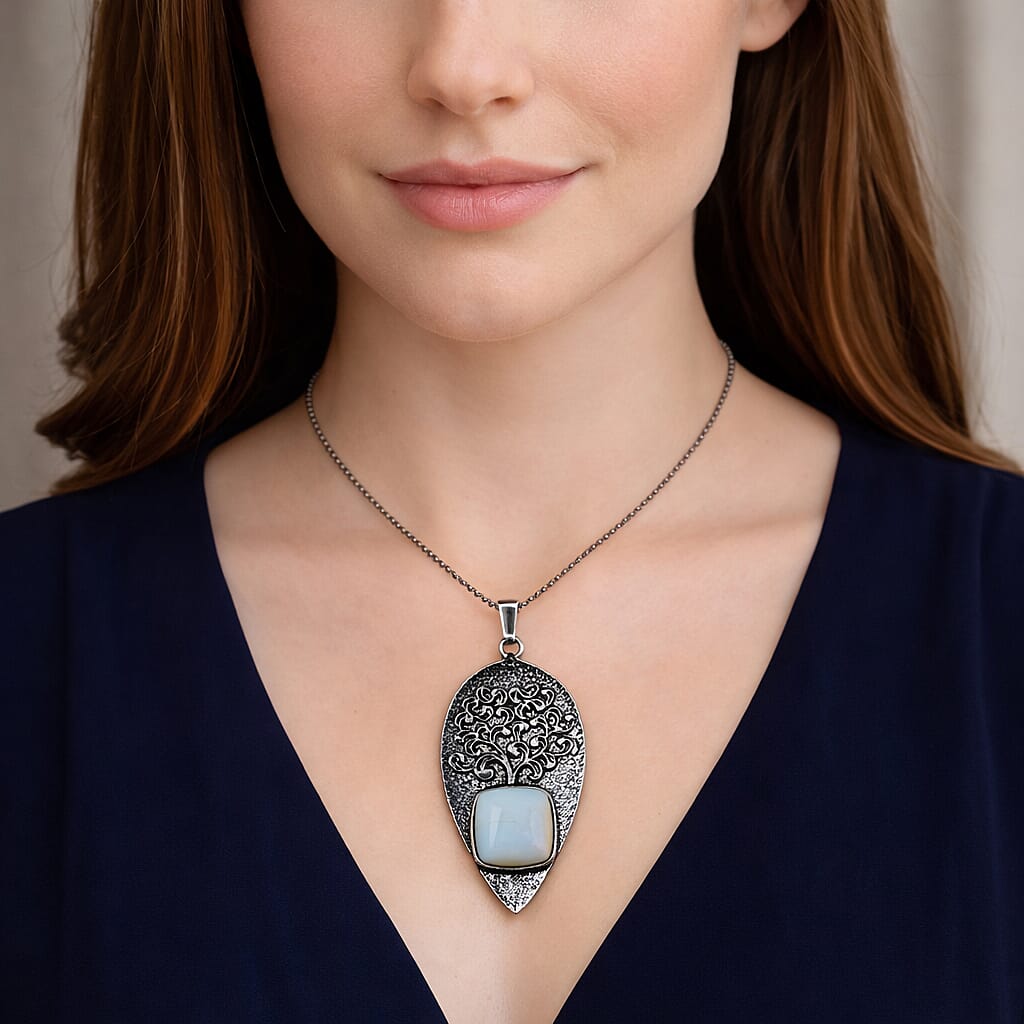 Opalite 15.00 ctw Pendant in Silvertone with Stainless Steel Necklace 20 Inches