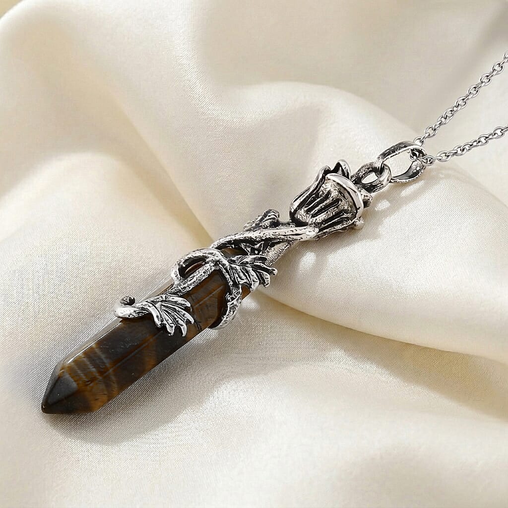 Yellow Tiger's Eye 23.00 ctw Pendant in Silvertone with Stainless Steel Necklace 20 Inches