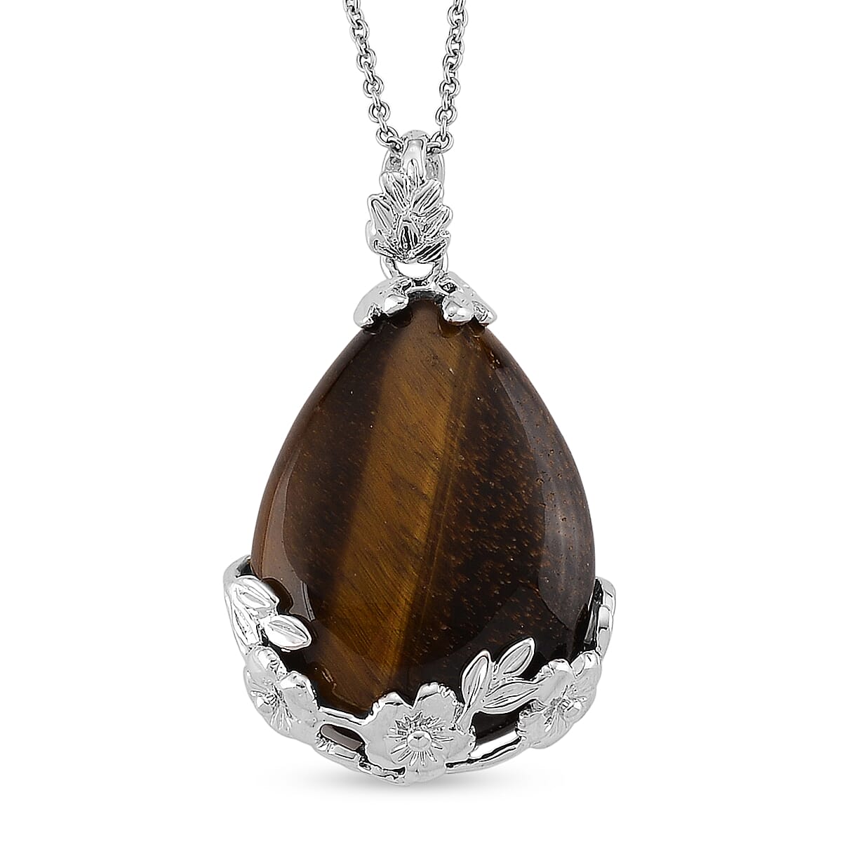 Yellow Tiger's Eye 33.00 ctw Pendant in Silvertone with Stainless Steel Necklace 20 Inches