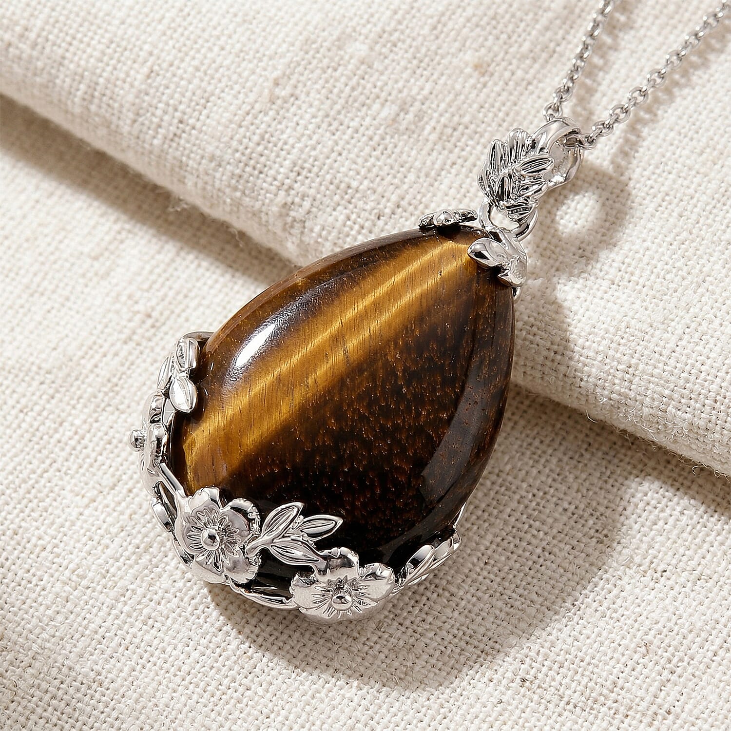 Yellow Tiger's Eye 33.00 ctw Pendant in Silvertone with Stainless Steel Necklace 20 Inches