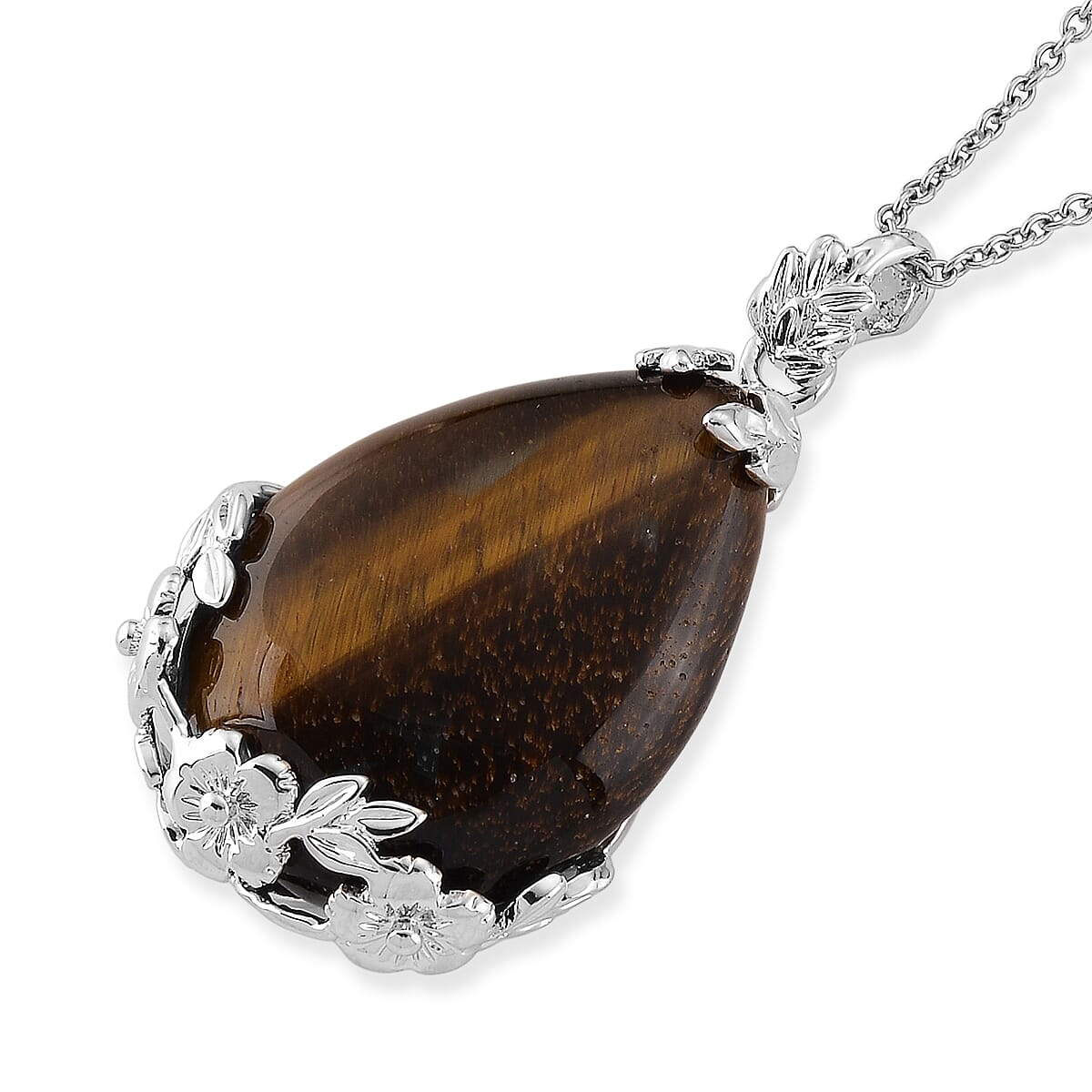 Yellow Tiger's Eye 33.00 ctw Pendant in Silvertone with Stainless Steel Necklace 20 Inches