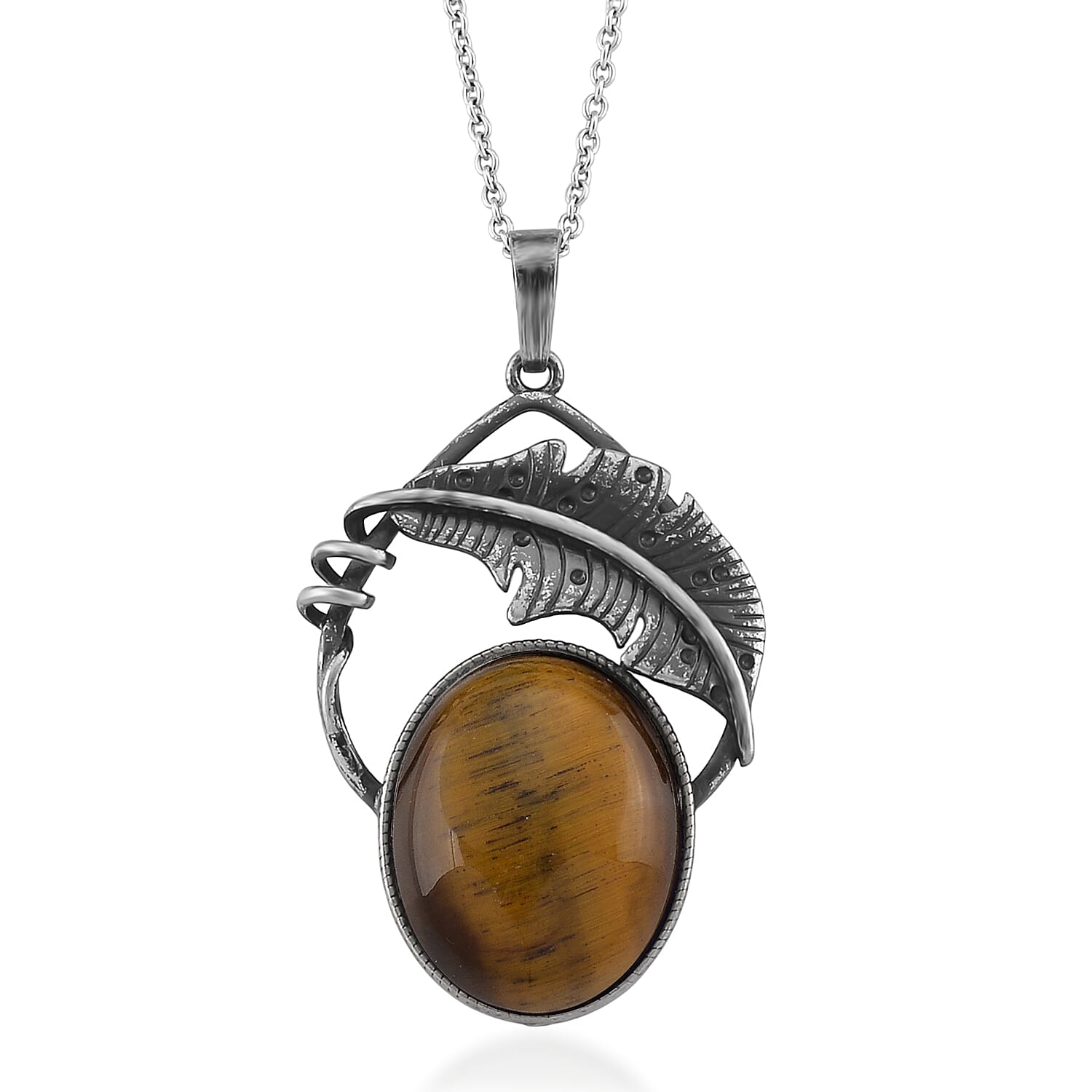 Yellow Tigers Eye 28.00 ctw Pendant in Silvertone with Stainless Steel Necklace 20 Inches