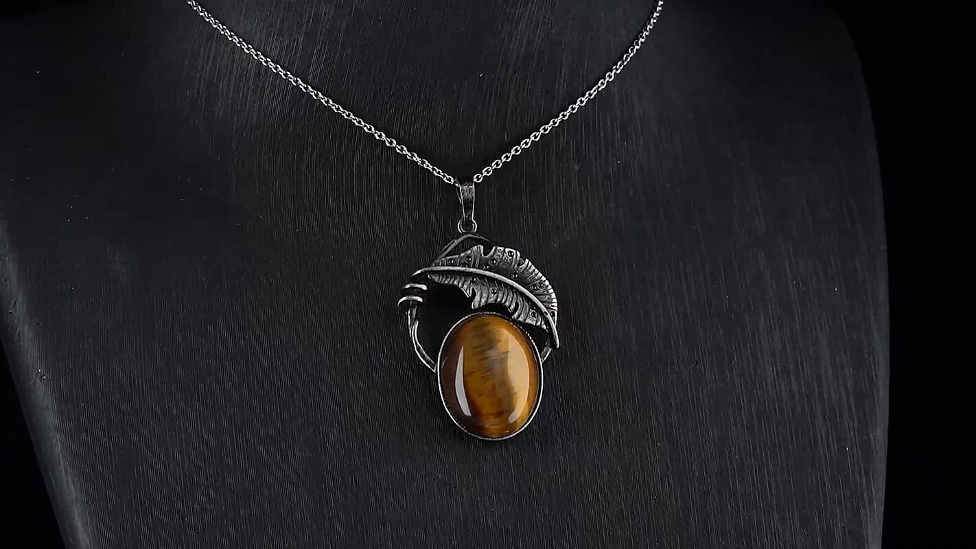 Yellow Tigers Eye 28.00 ctw Pendant in Silvertone with Stainless Steel Necklace 20 Inches