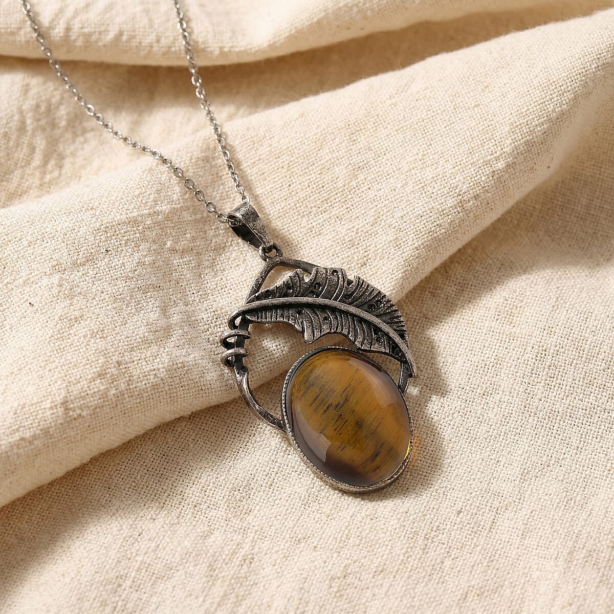 Yellow Tigers Eye 28.00 ctw Pendant in Silvertone with Stainless Steel Necklace 20 Inches image number 1