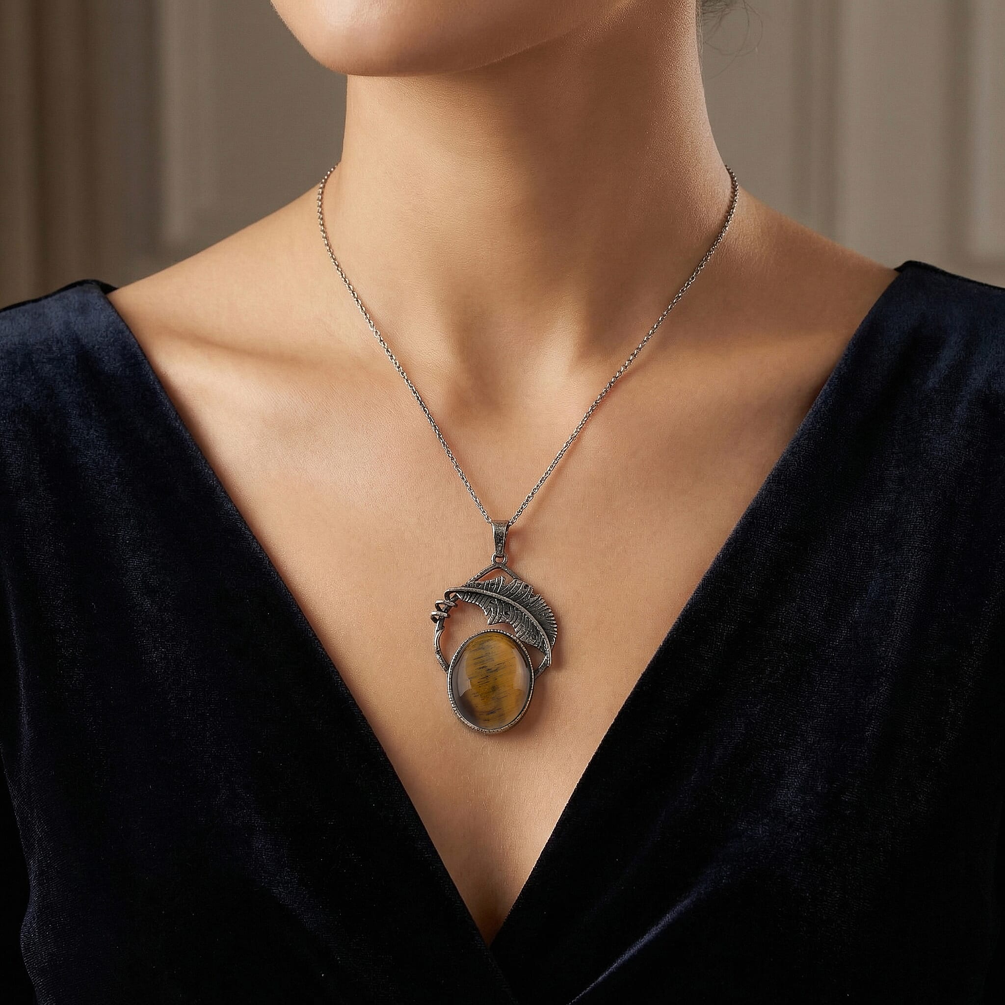 Yellow Tigers Eye 28.00 ctw Pendant in Silvertone with Stainless Steel Necklace 20 Inches