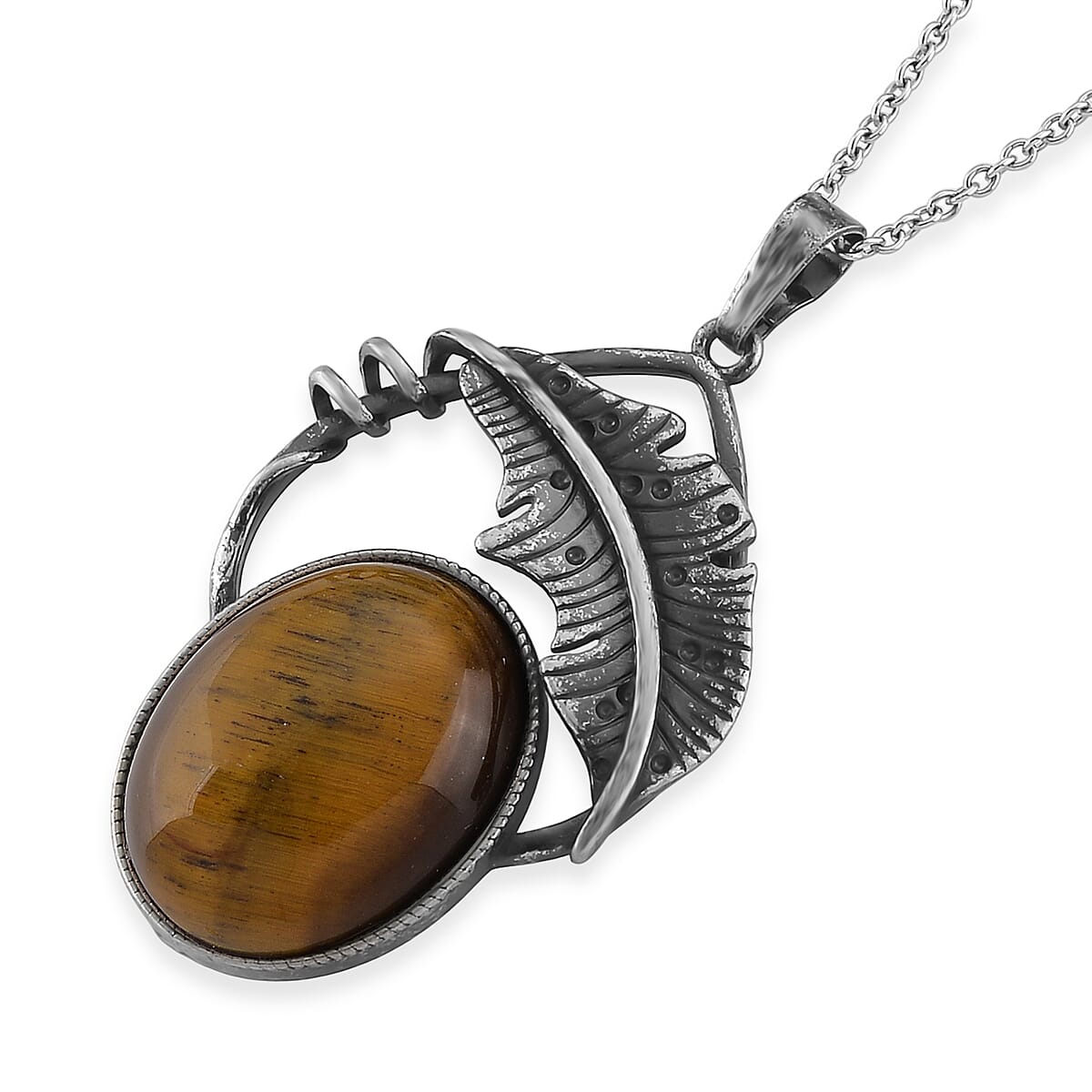 Yellow Tigers Eye 28.00 ctw Pendant in Silvertone with Stainless Steel Necklace 20 Inches image number 3