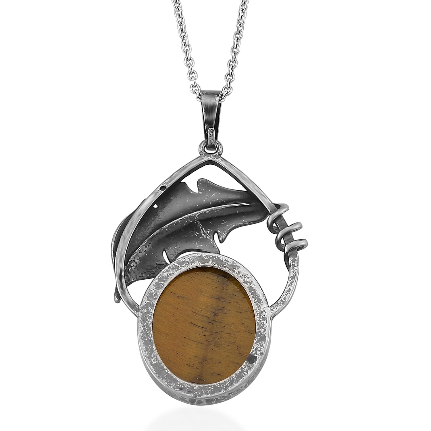 Yellow Tigers Eye 28.00 ctw Pendant in Silvertone with Stainless Steel Necklace 20 Inches