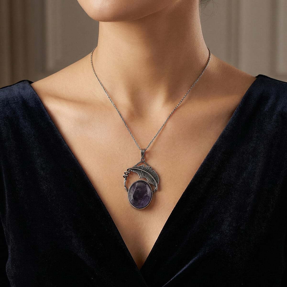 African Amethyst 28.00 ctw Pendant in Silvertone with Stainless Steel Necklace 20 Inches image number 2