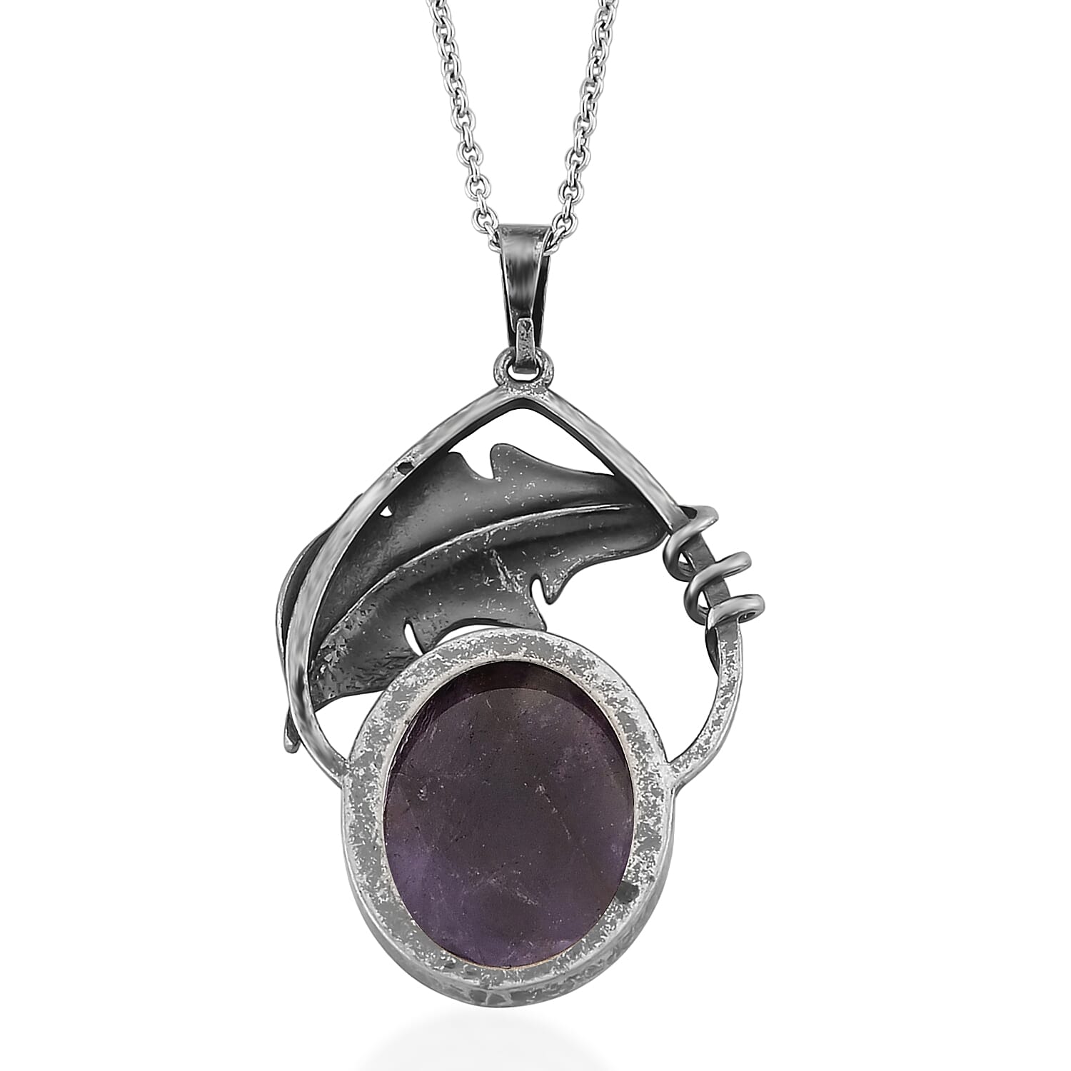 African Amethyst 28.00 ctw Pendant in Silvertone with Stainless Steel Necklace 20 Inches