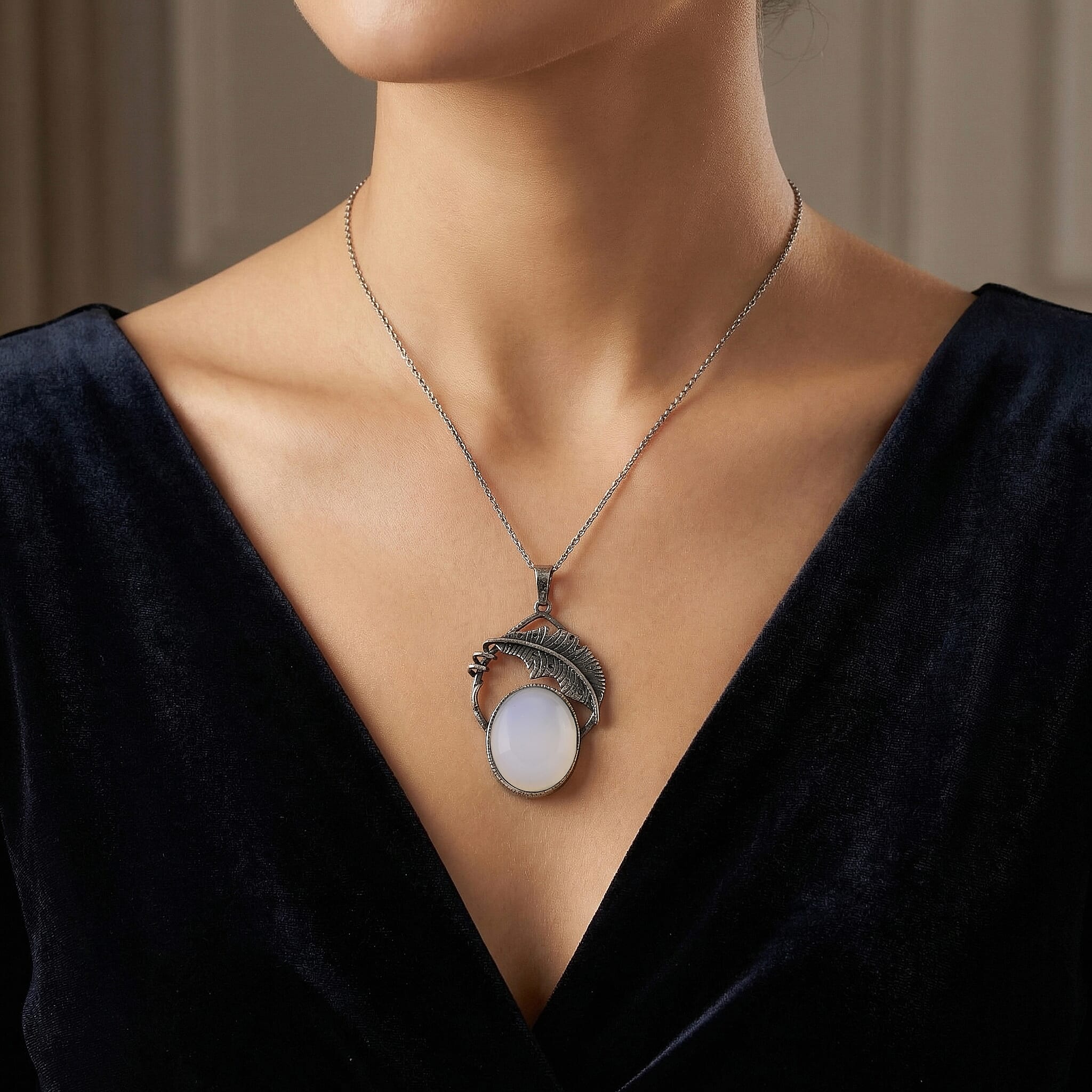 Opalite 28.00 ctw Pendant in Silvertone with Stainless Steel Necklace 20 Inches