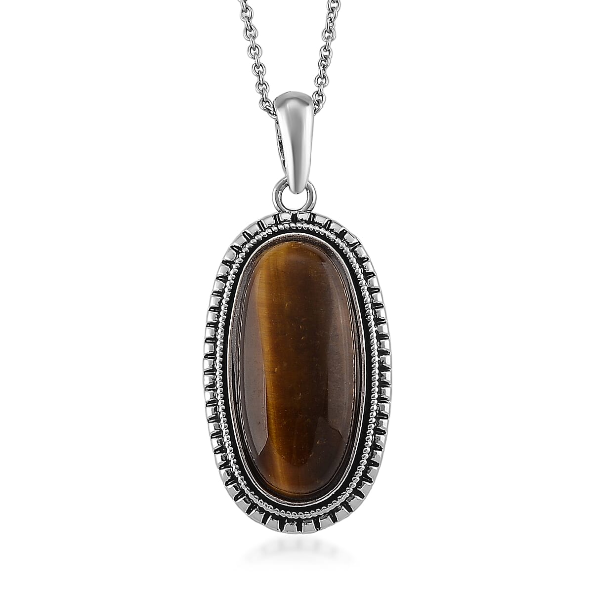 Yellow Tiger's Eye 30.00 ctw Pendant in Silvertone with Stainless Steel Necklace 20 Inches