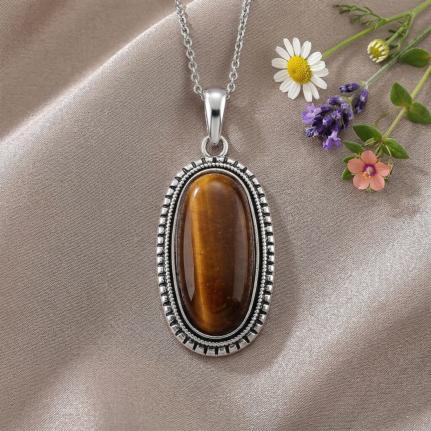 Yellow Tiger's Eye 30.00 ctw Pendant in Silvertone with Stainless Steel Necklace 20 Inches
