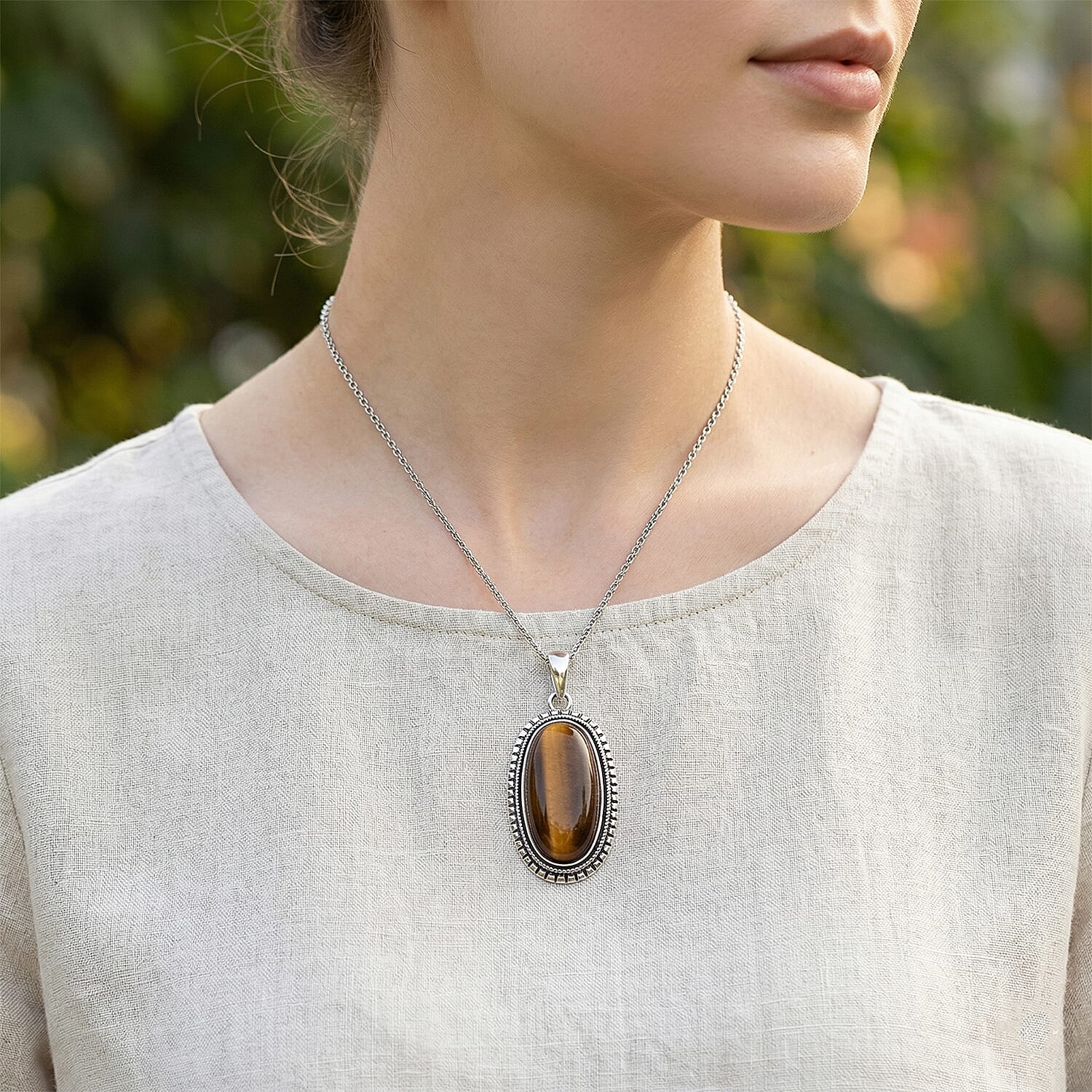 Yellow Tiger's Eye 30.00 ctw Pendant in Silvertone with Stainless Steel Necklace 20 Inches