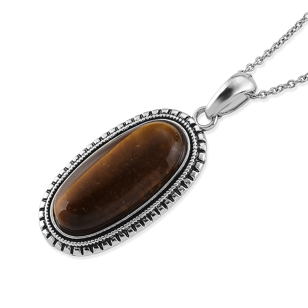Yellow Tiger's Eye 30.00 ctw Pendant in Silvertone with Stainless Steel Necklace 20 Inches
