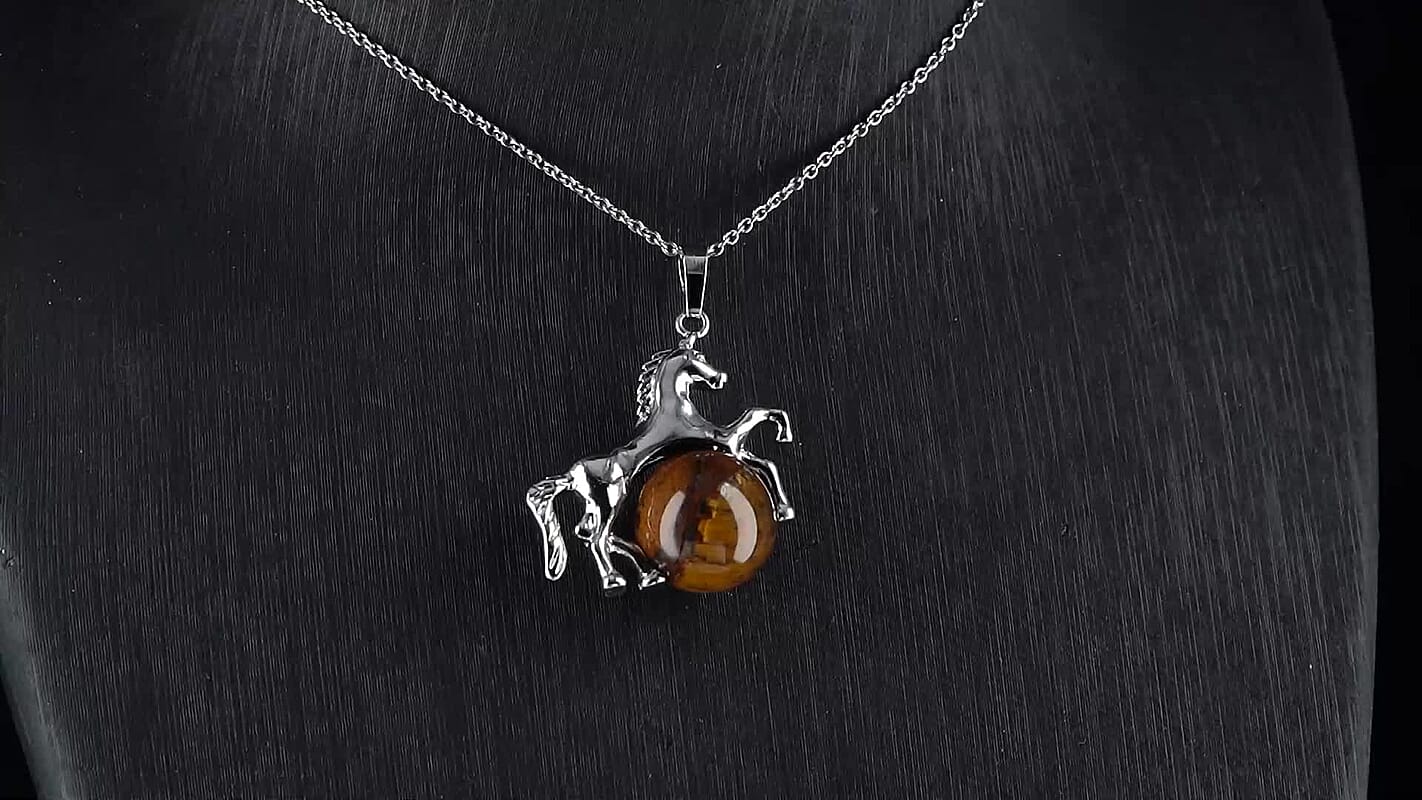 Yellow Tigers Eye 38.00 ctw Pendant in Silvertone with Stainless Steel Necklace 20 Inches