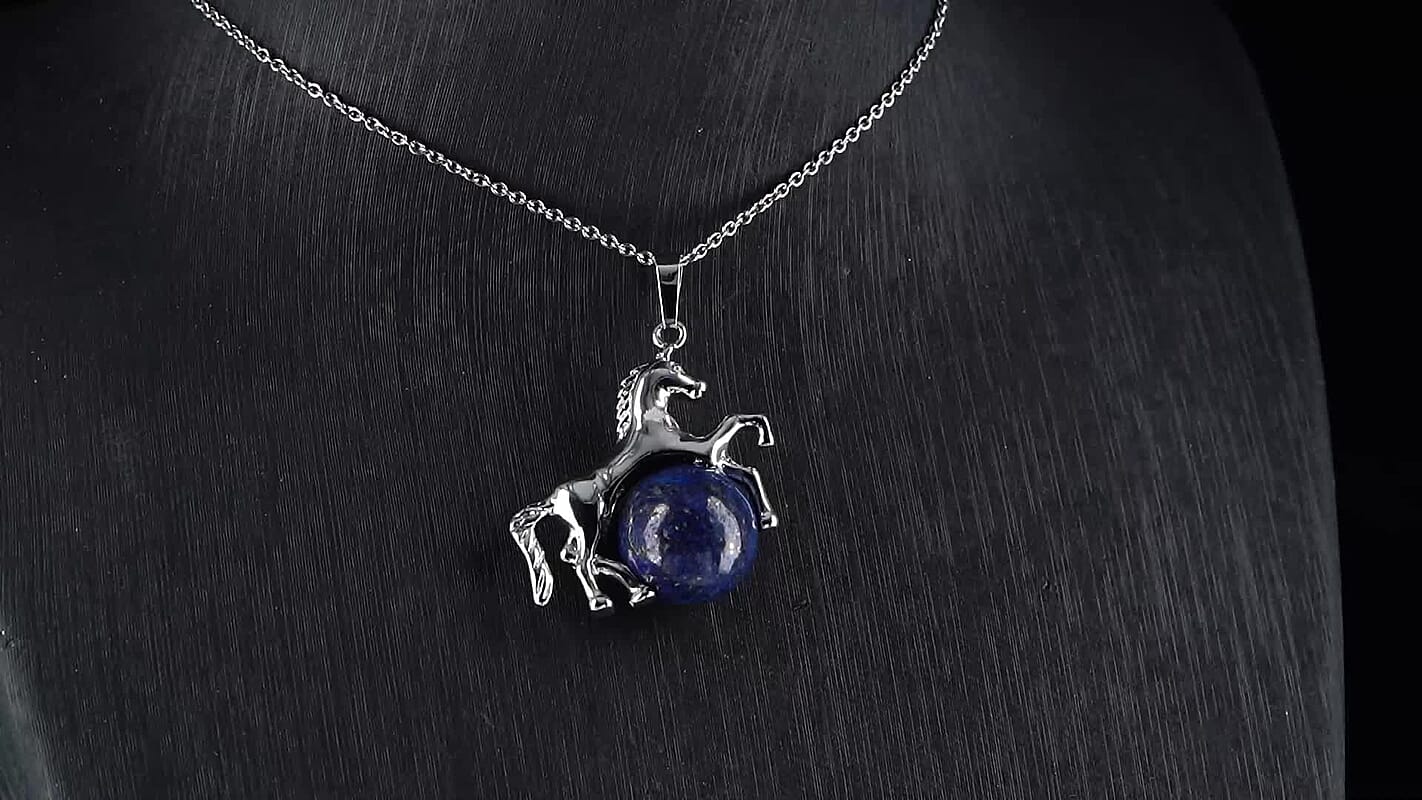 Lapis Lazuli 38.00 ctw Horse Pendant in Silvertone with Stainless Steel Necklace 20 Inches