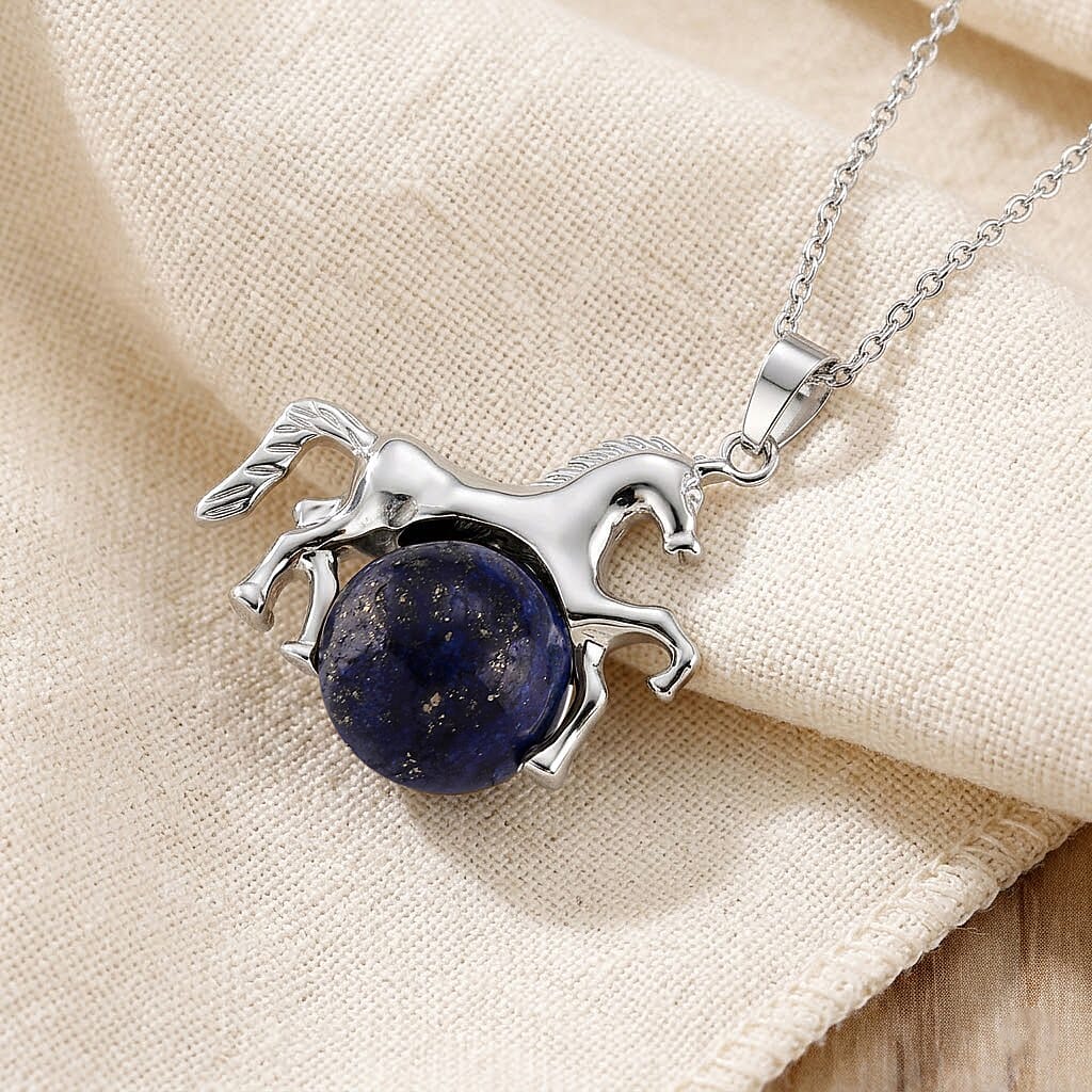 Lapis Lazuli 38.00 ctw Horse Pendant in Silvertone with Stainless Steel Necklace 20 Inches