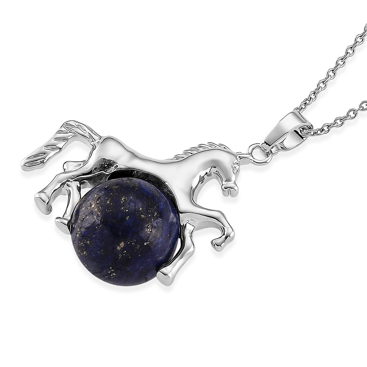 Lapis Lazuli 38.00 ctw Horse Pendant in Silvertone with Stainless Steel Necklace 20 Inches