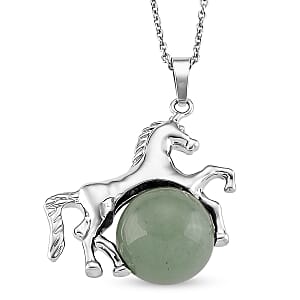 Green Aventurine 38.00 ctw Pendant in Silvertone with Stainless Steel Necklace 20 Inches