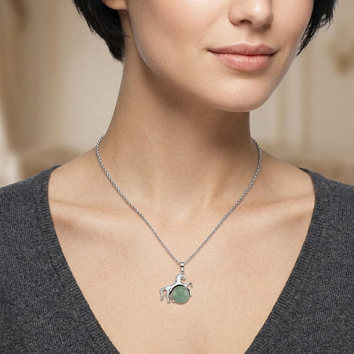Green Aventurine 38.00 ctw Pendant in Silvertone with Stainless Steel Necklace 20 Inches image number 2