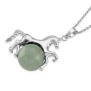 Green Aventurine 38.00 ctw Pendant in Silvertone with Stainless Steel Necklace 20 Inches