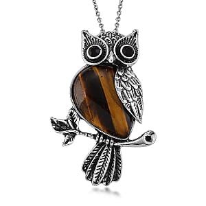 Yellow Tigers Eye & Black Crystal 33.00 ctw Pendant in Silvertone with Stainless Steel Necklace 20 Inches