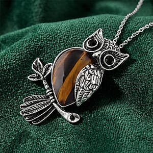 Yellow Tigers Eye & Black Crystal 33.00 ctw Pendant in Silvertone with Stainless Steel Necklace 20 Inches