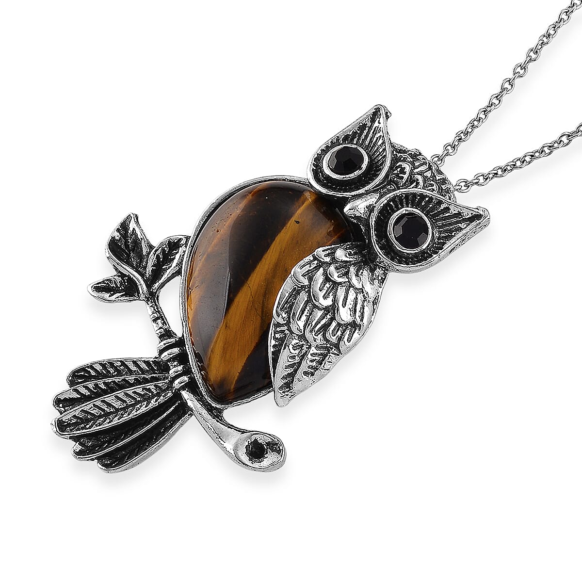 Yellow Tigers Eye & Black Crystal 33.00 ctw Pendant in Silvertone with Stainless Steel Necklace 20 Inches image number 3