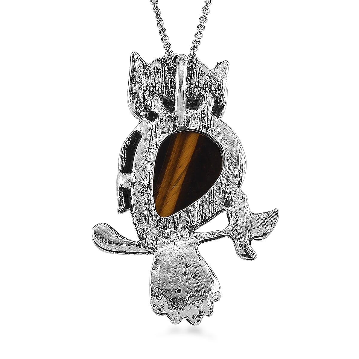 Yellow Tigers Eye & Black Crystal 33.00 ctw Pendant in Silvertone with Stainless Steel Necklace 20 Inches