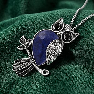 Lapis Lazuli & Black Crystal 33.00 ctw Pendant in Silvertone with Stainless Steel Necklace 20 Inches