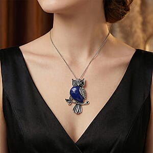 Lapis Lazuli & Black Crystal 33.00 ctw Pendant in Silvertone with Stainless Steel Necklace 20 Inches