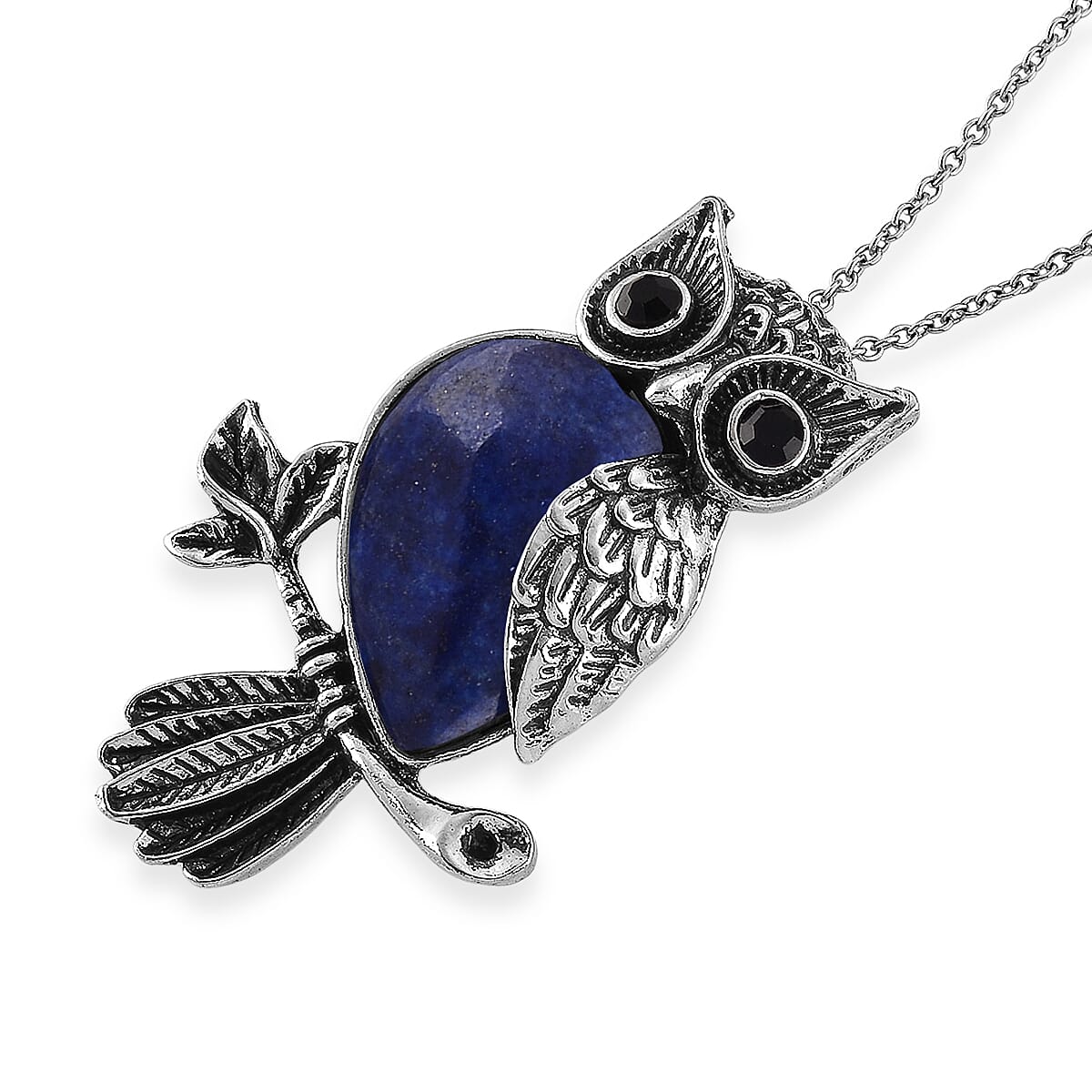 Lapis Lazuli & Black Crystal 33.00 ctw Pendant in Silvertone with Stainless Steel Necklace 20 Inches
