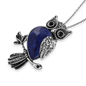 Lapis Lazuli & Black Crystal 33.00 ctw Pendant in Silvertone with Stainless Steel Necklace 20 Inches