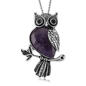 African Amethyst & Black Crystal 33.00 ctw Pendant in Silvertone with Stainless Steel Necklace 20 Inches