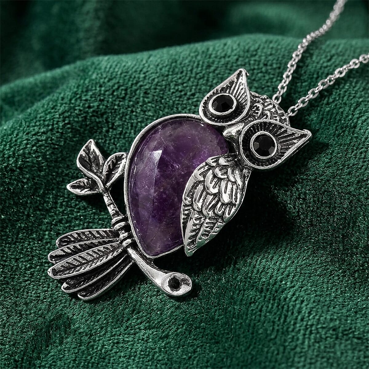 African Amethyst & Black Crystal 33.00 ctw Pendant in Silvertone with Stainless Steel Necklace 20 Inches image number 1
