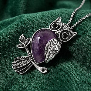 African Amethyst & Black Crystal 33.00 ctw Pendant in Silvertone with Stainless Steel Necklace 20 Inches