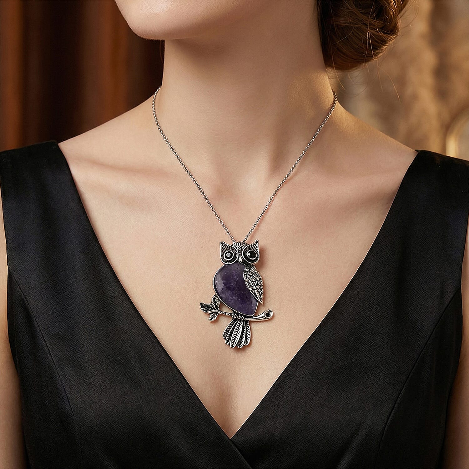 African Amethyst & Black Crystal 33.00 ctw Pendant in Silvertone with Stainless Steel Necklace 20 Inches