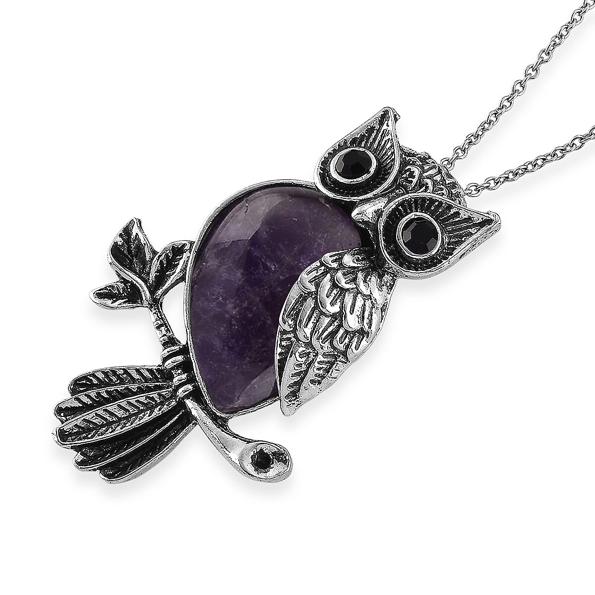 African Amethyst & Black Crystal 33.00 ctw Pendant in Silvertone with Stainless Steel Necklace 20 Inches