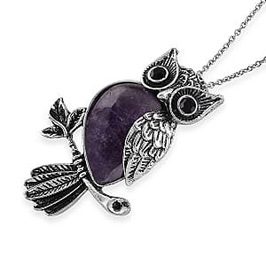 African Amethyst & Black Crystal 33.00 ctw Pendant in Silvertone with Stainless Steel Necklace 20 Inches